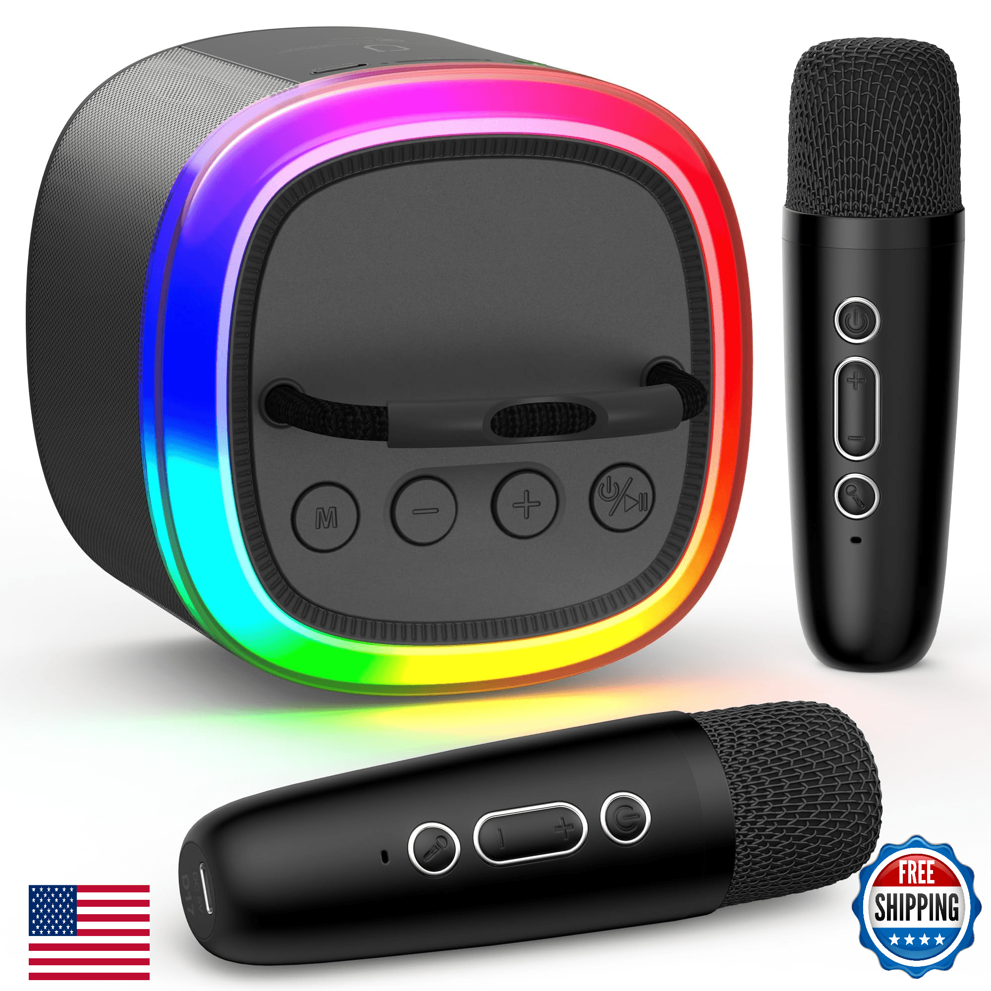 HWWR Karaoke Machine, Mini Bluetooth Speaker with 2 Wireless Microphones, Disco - Image 1
