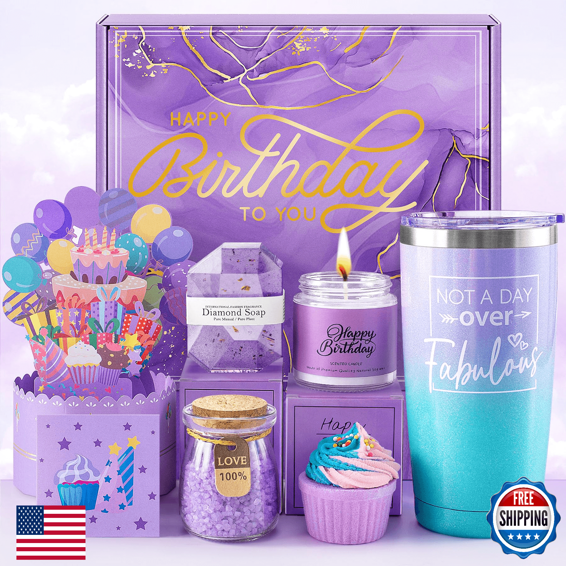 Birthday Spa Gift Basket for Women - Unique Bath Set, Tumbler, Candle, Soap, Sal - Image 1