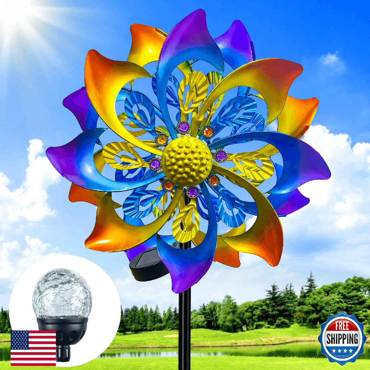 60 Inch Solar Wind Spinner Outdoor - Double-Sided Rotating Colorful Kinetic Wind - Image 1