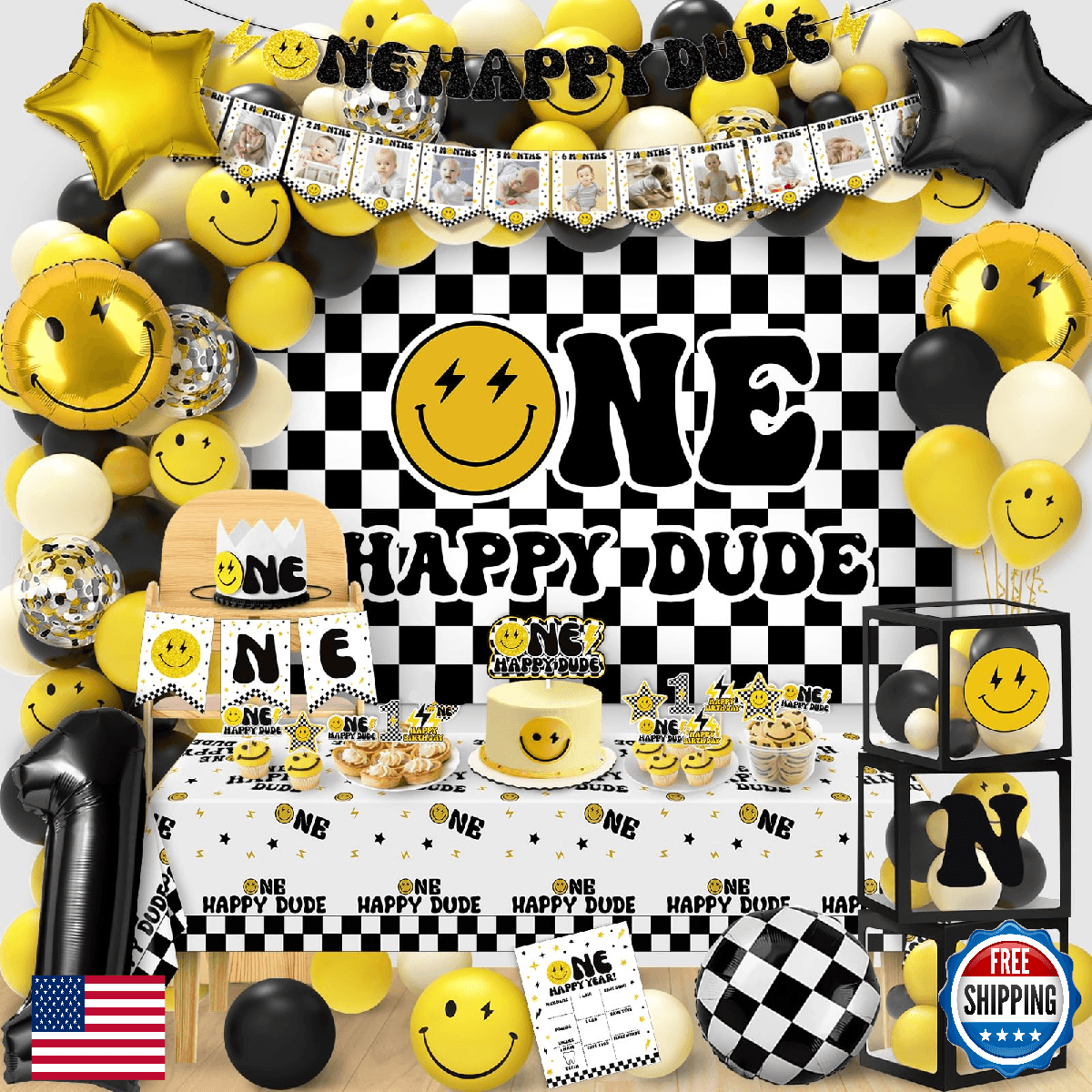 One Happy Dude 1st Birthday Decorations - Lightning Bolt Backdrop Balloons Arch - Image 1