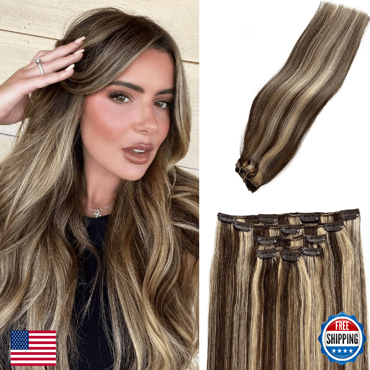 Remy Clip in Hair Extensions Brown Blonde Highlights 22 Inch Human Hair 5pcs Dou - Image 1