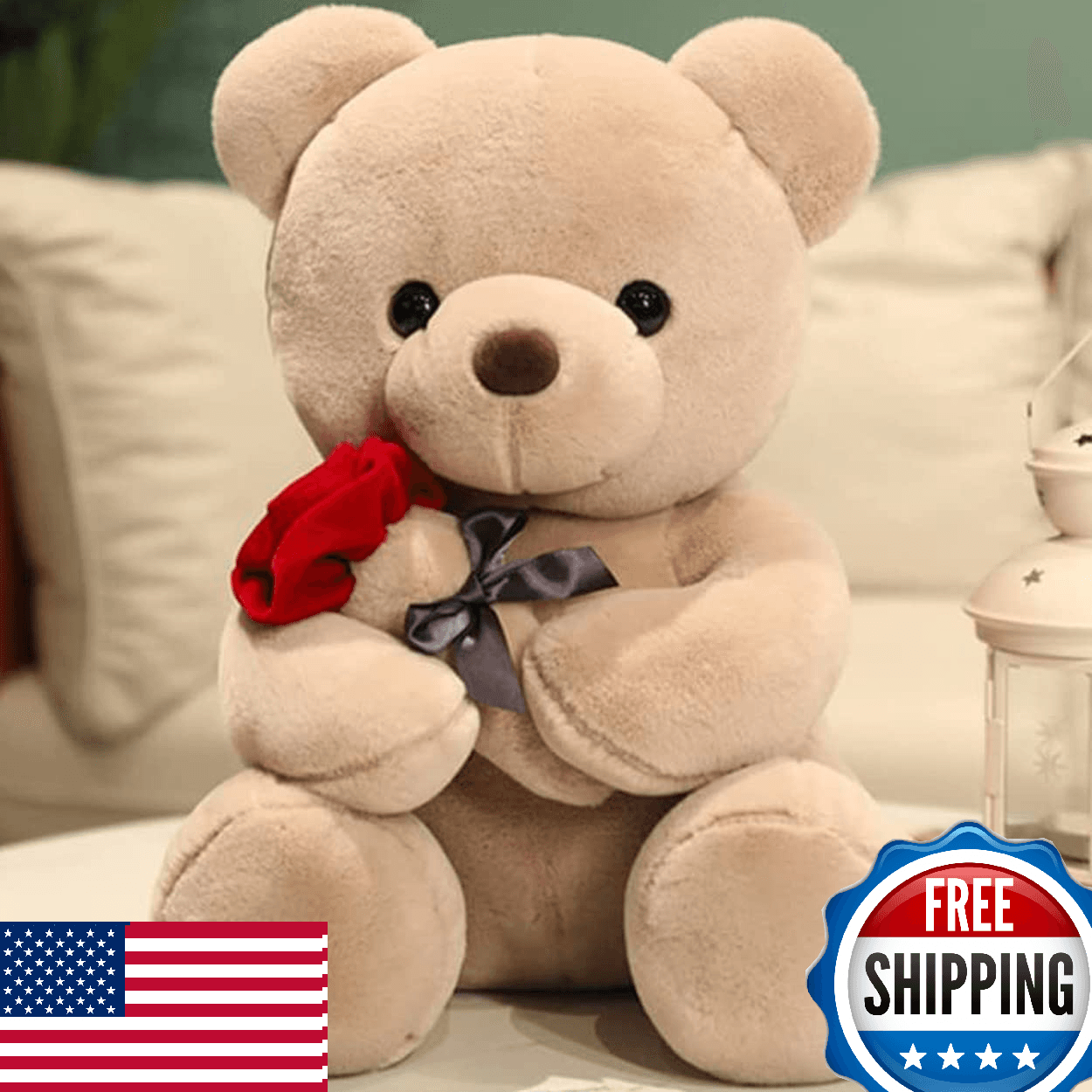 Plush Stuffed Animal Teddy Bear with Rose - Cute Gift for Girlfriend, Kids - Image 1