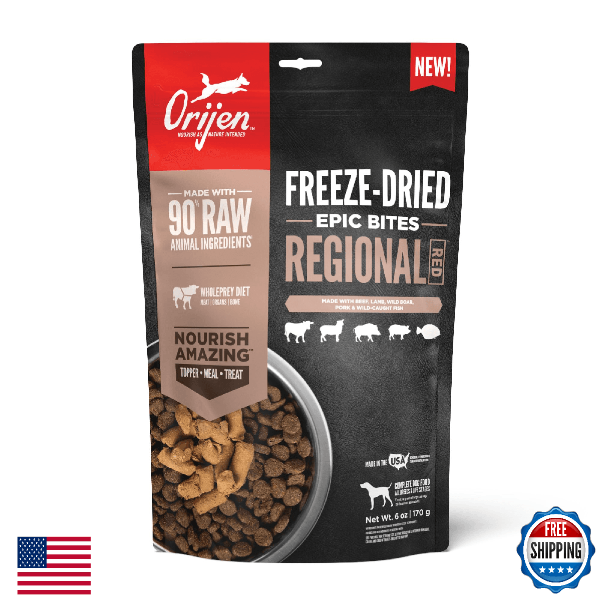 ORIJEN Epic Bites Freeze-Dried Dog Food Regional Red Recipe 6oz Bag - Image 1