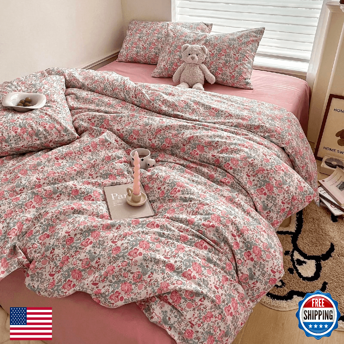 HighBuy Queen Pink Floral Rabbit Comforter Set Soft Bedding - Image 1