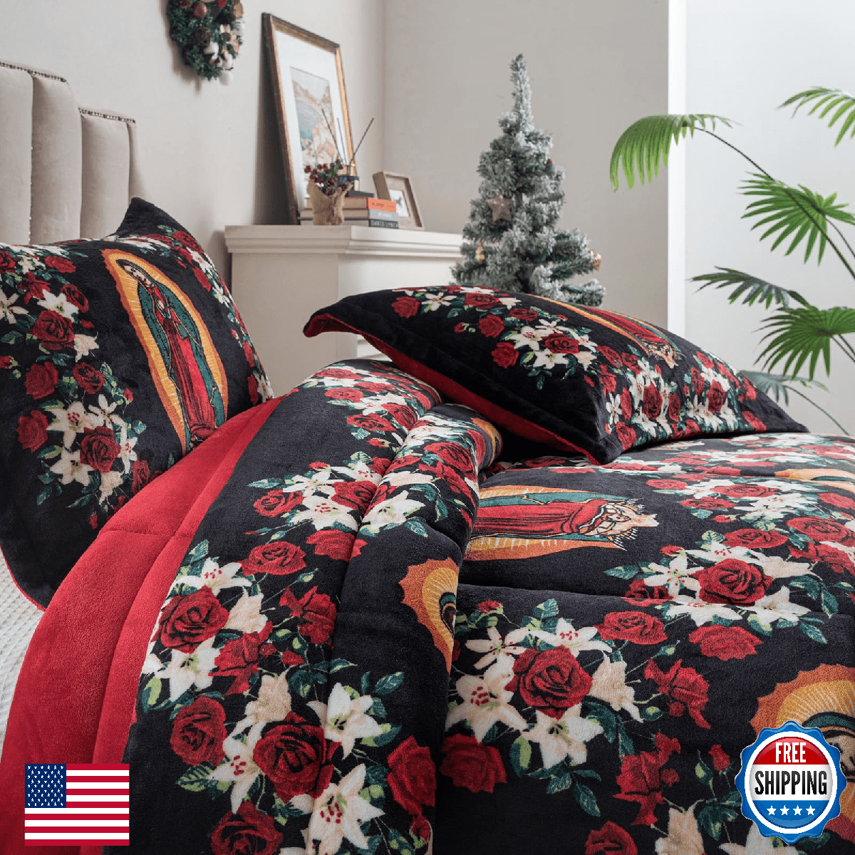 Petrichor Virgin Mary Guadalupe Velvet Flannel Queen Comforter Set-Luxury Fuzzy - Image 1