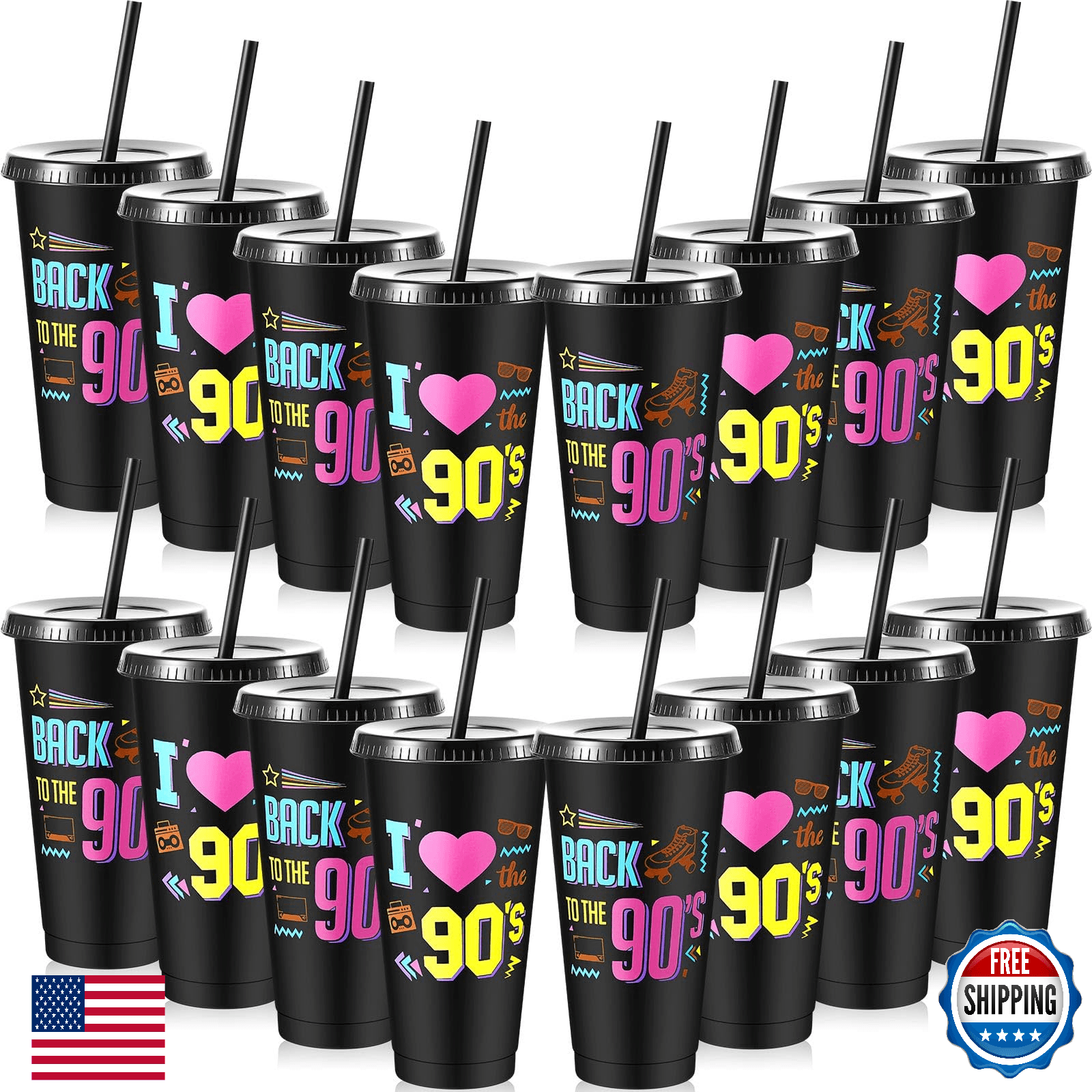 Uiifan 16 Pcs Back to the 90's Party 1990's Birthday Reusable Cups with Lids and - Image 1