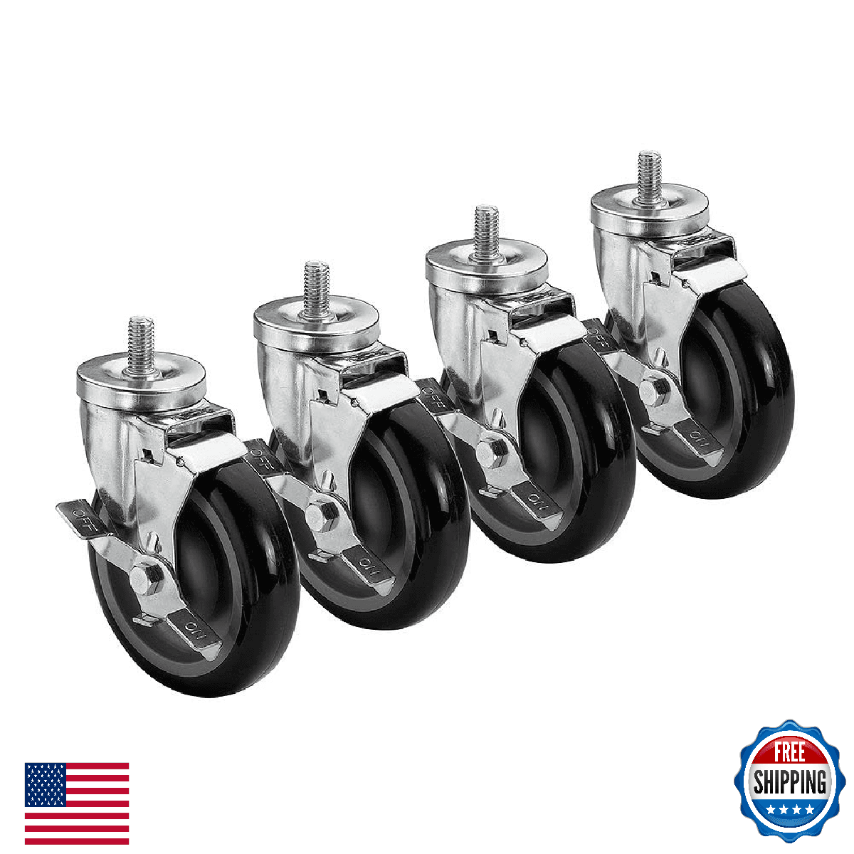 Kronwe 28-145S 11 Threaded Stem Caster, Side Brake, 5" Wheel, Set of 4, 220 Lbs. - Image 1