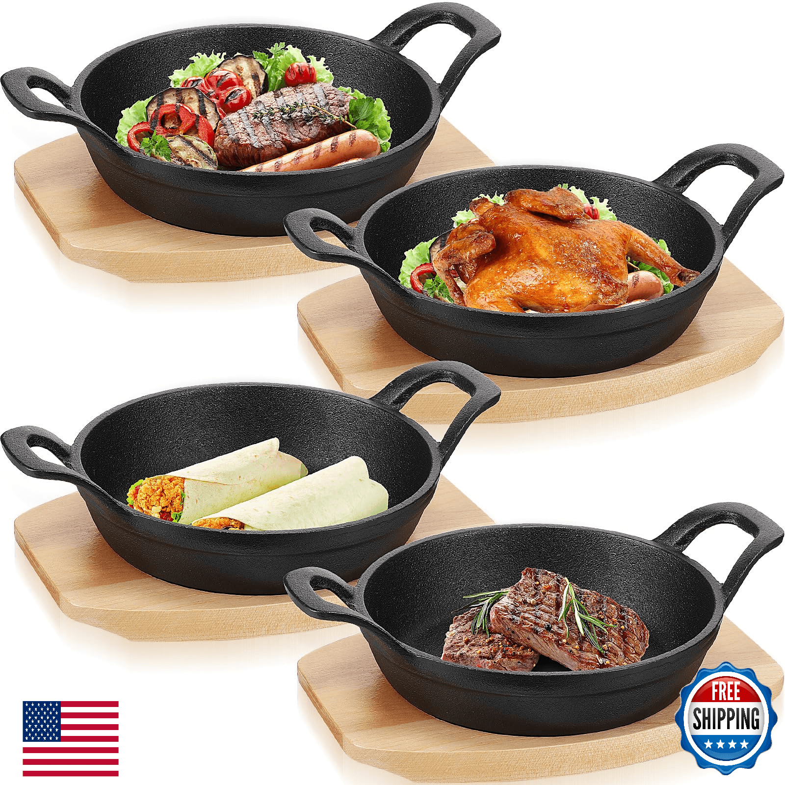 Sliner 4 Sets Mini Cast Iron Skillet with Wood Tray - Pre-Seasoned Small Plates - Image 1