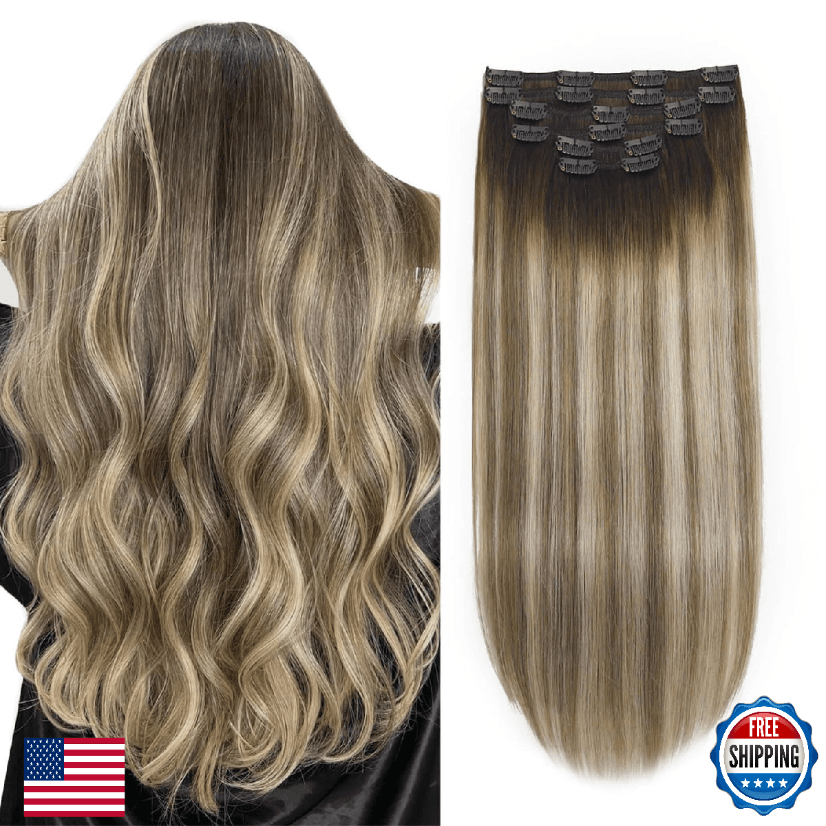 XDhair Light Brown Blonde Balayage Human Hair Clip in Extensions 100g 6pcs 14 In - Image 1