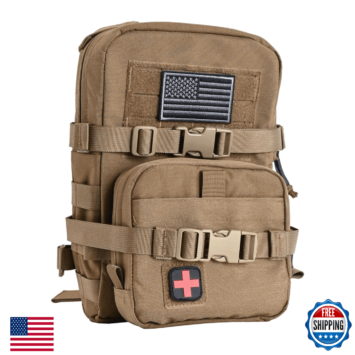 Tactical Mini Molle Hydration Pack Carrier w/ IFAK Pouch & US Flag Patch 1.5-2L - Image 1