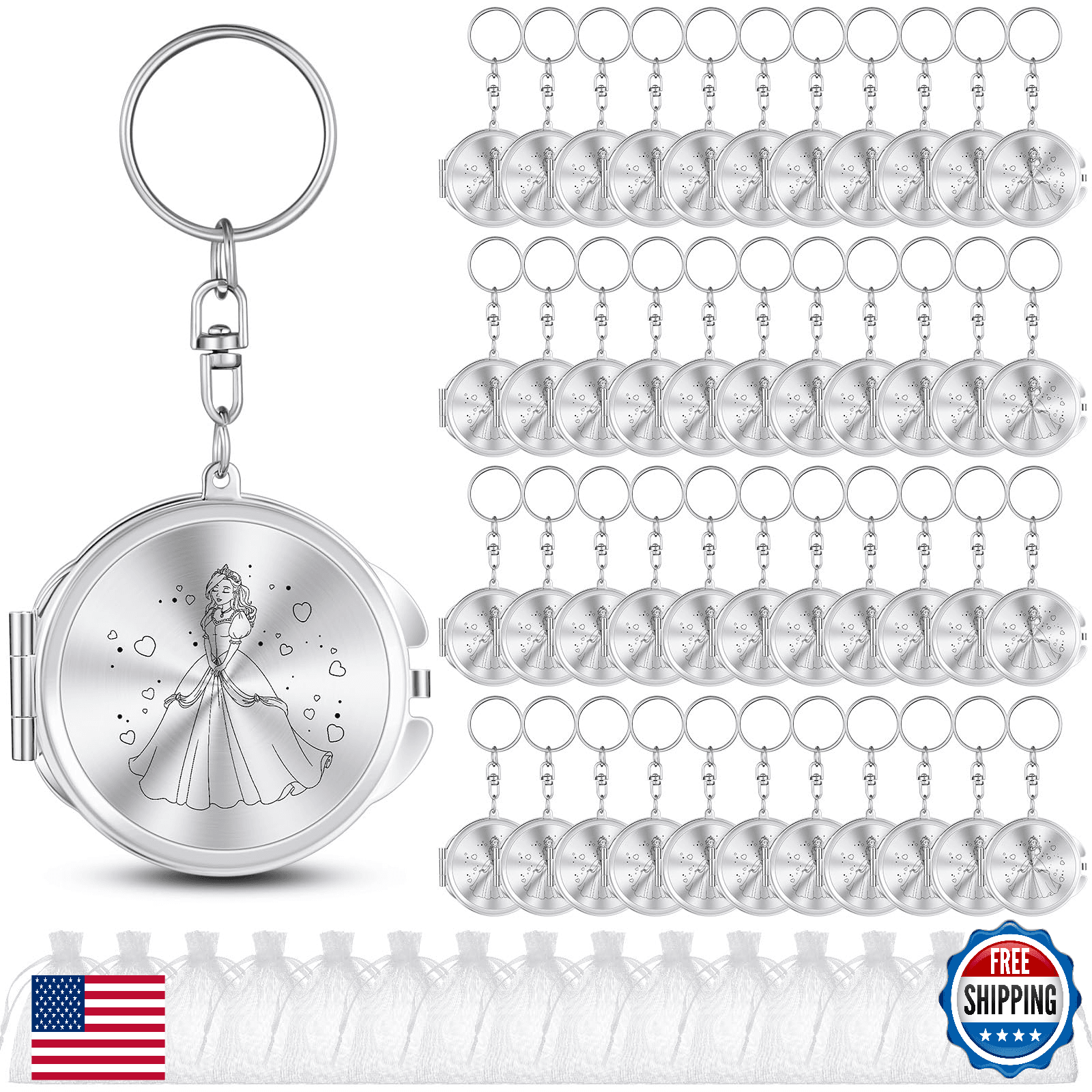 Nosiny 50 Sets Quinceanera Party Favor for Guests Silver Compact Mirror Keychain - Image 1