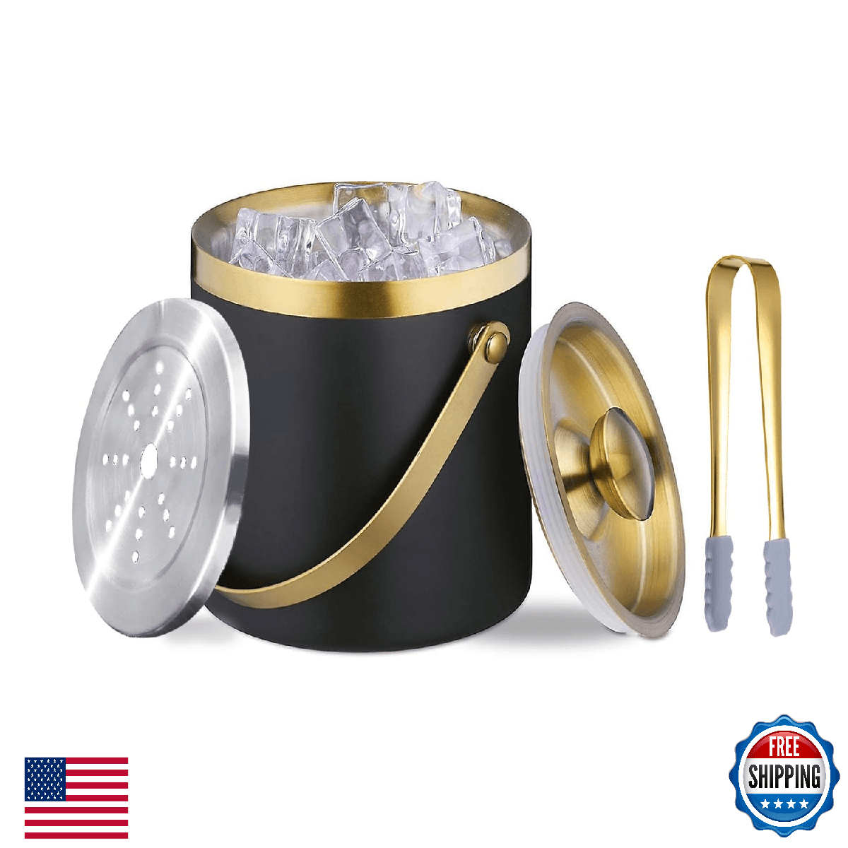 Sipoyen Insulated Ice Bucket with Lid, Handle and Tong Black Gold Stainless Stee - Image 1
