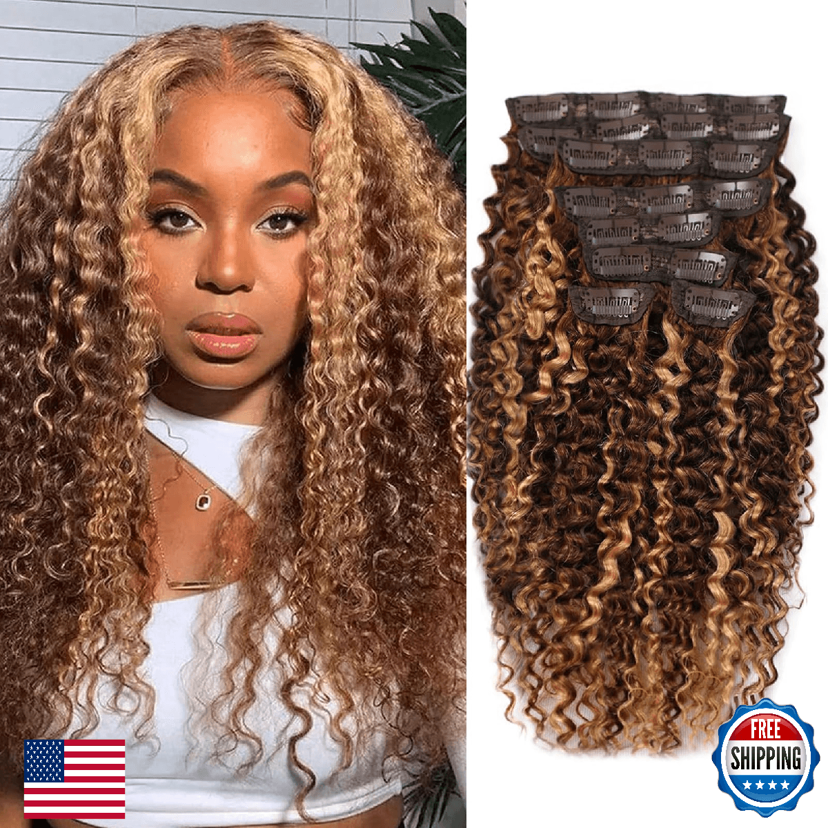 18 Inch Highlight P4/27 Kinky Curly Clip Ins Human Hair 110g 8pcs 20 Clips 3C 4A - Image 1