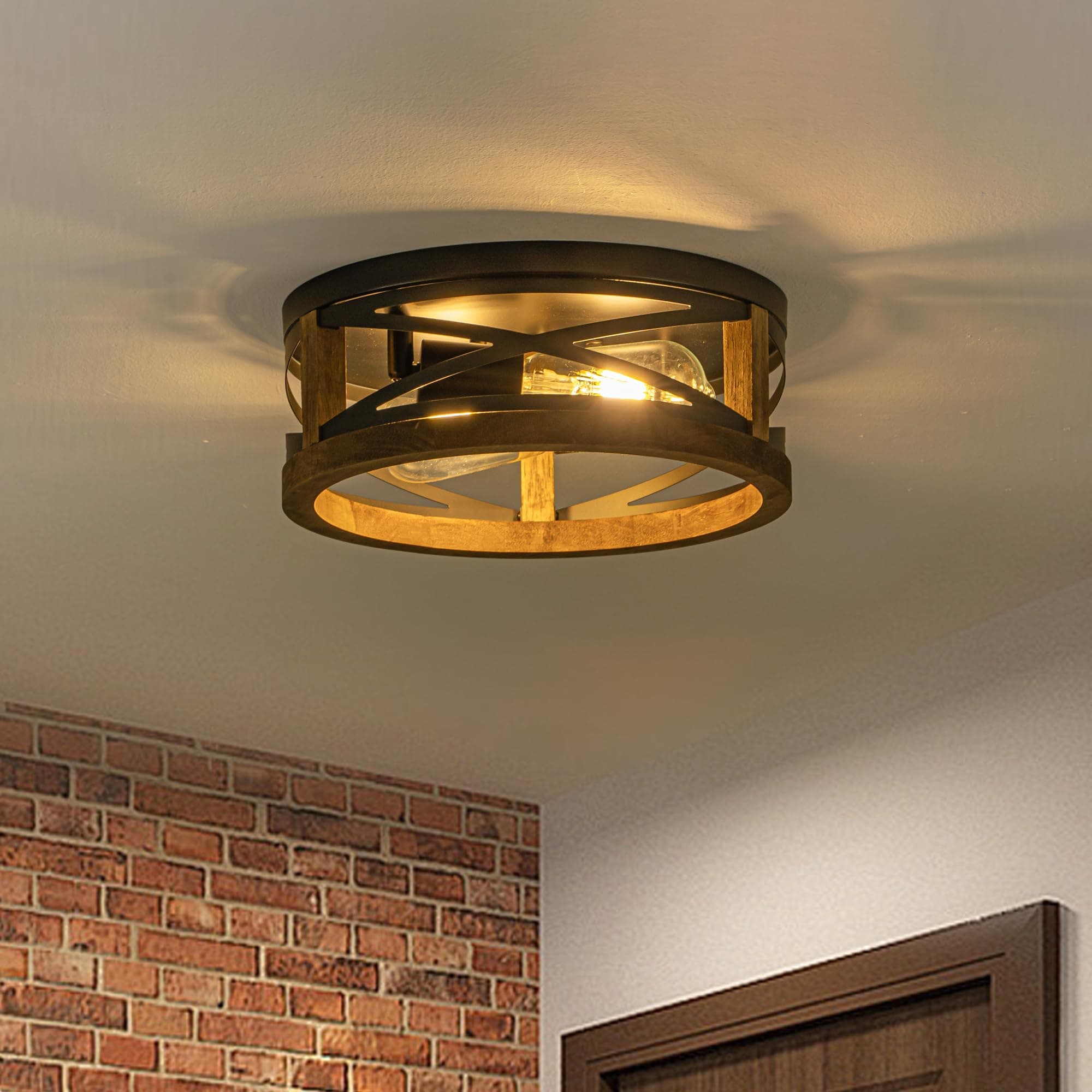 Lzglyptics Farmhouse Ceiling Light, 2-Light Round Flush Mount Ceiling Light with - Thumbnail 2