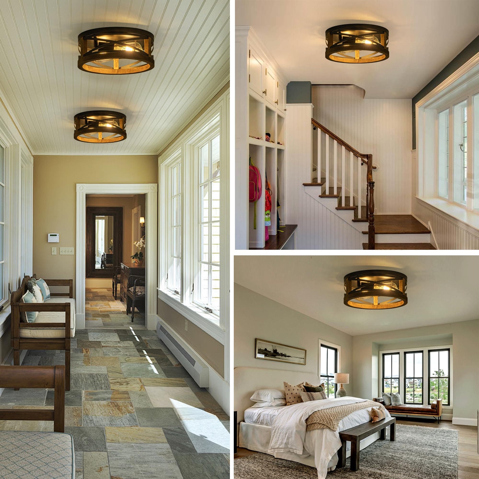 Lzglyptics Farmhouse Ceiling Light, 2-Light Round Flush Mount Ceiling Light with - Thumbnail 3