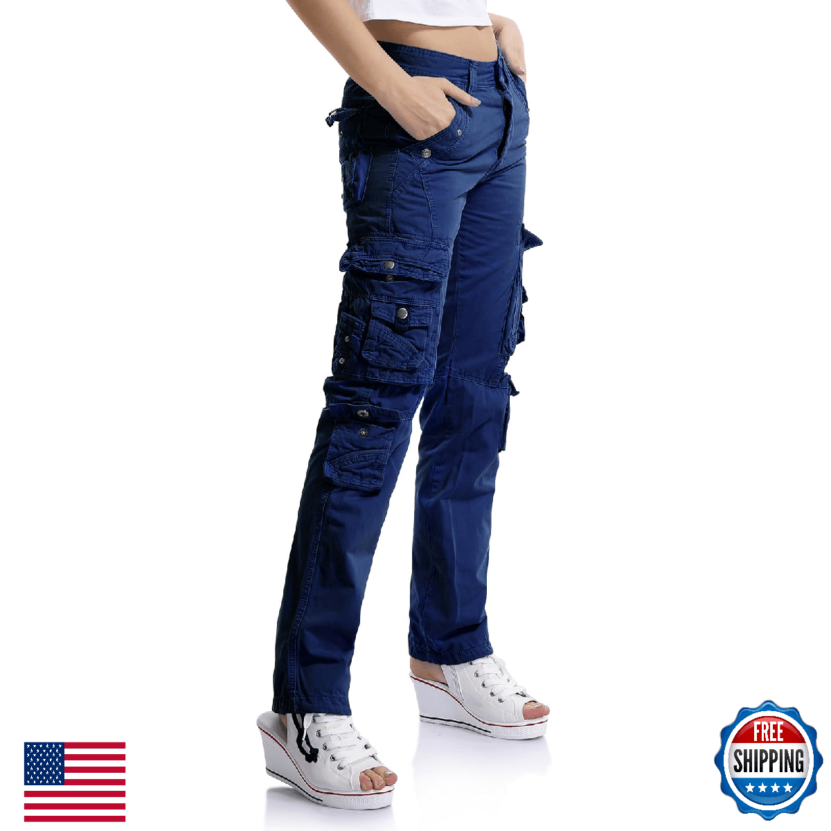 OCHENTA Women's Cotton Cargo Work Pants High Waisted Travel Hiking Baggy Multi-P - Image 1