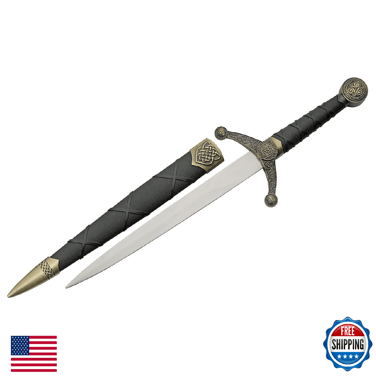 SZCO Supplies 16" Golden Celtic Knot Spear-Point Medieval Dagger w/ Scabbard - Image 1