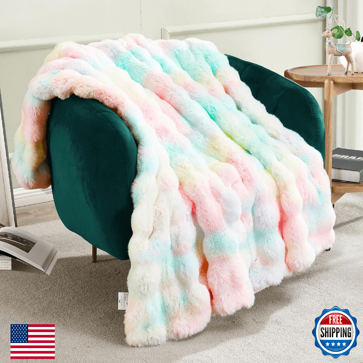 JONIYEAR Decorative Colorful Bubble Faux Rabbit Fur Throw Blanket 50" x 60", Thi - Image 1
