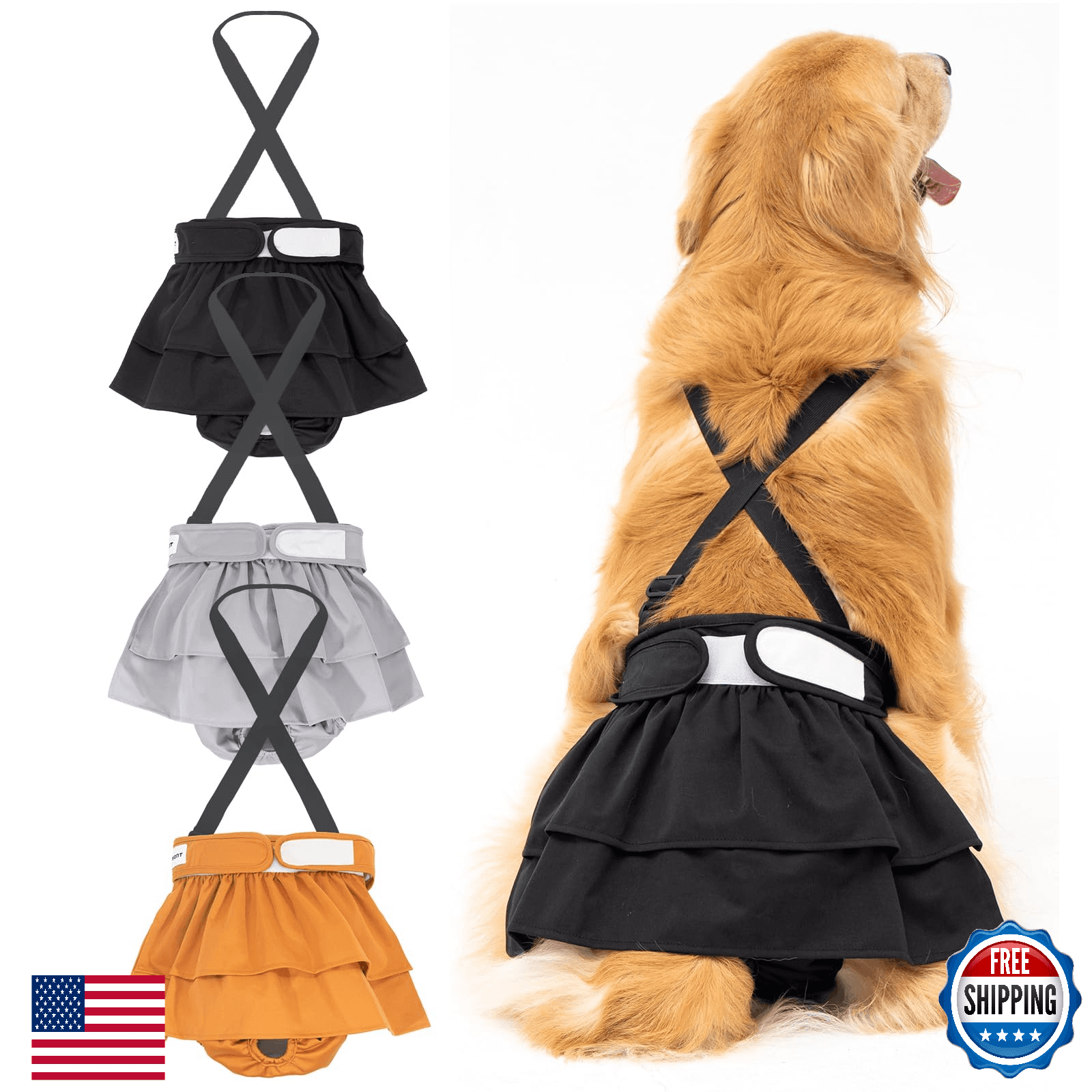 3 Pk Avont Washable Female Dog Diapers w/ Suspenders, Reusable Girl Doggie Diape - Image 1