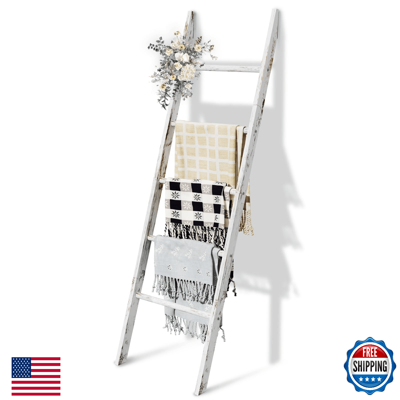 5-Tier Wooden Blanket Ladder 5.3FT (63") Quilt Holder Rack Decorative - Image 1