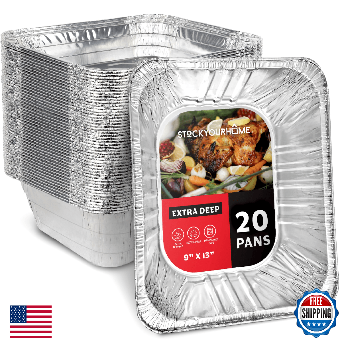 Stock Your Home 20-Pack 9x13 Deep Aluminum Foil Pans - 4" Heavy Duty Disposable - Image 1