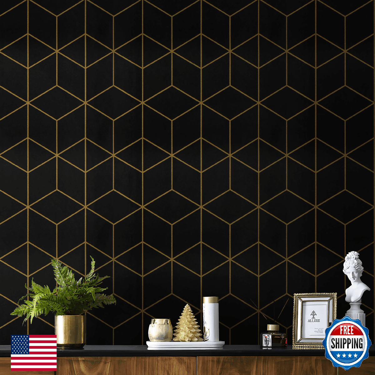 Safiyya 393" x 17.3" Gold Black Geometric Peel & Stick Wallpaper Contact Paper f - Image 1