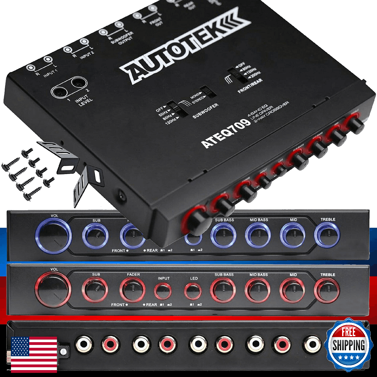 Autotek ATEQ709 4-Band Audio Equalizer with Built-in 2-Way Crossover, 9 Volts, 1 - Image 1
