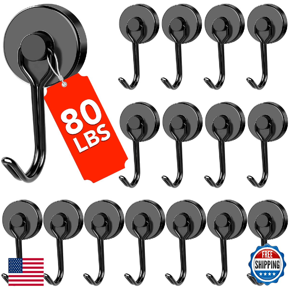 DIYMAG Black Magnetic Hooks, 80LBS Strong Magnetics Heavy Duty, Magnet Hook with - Image 1