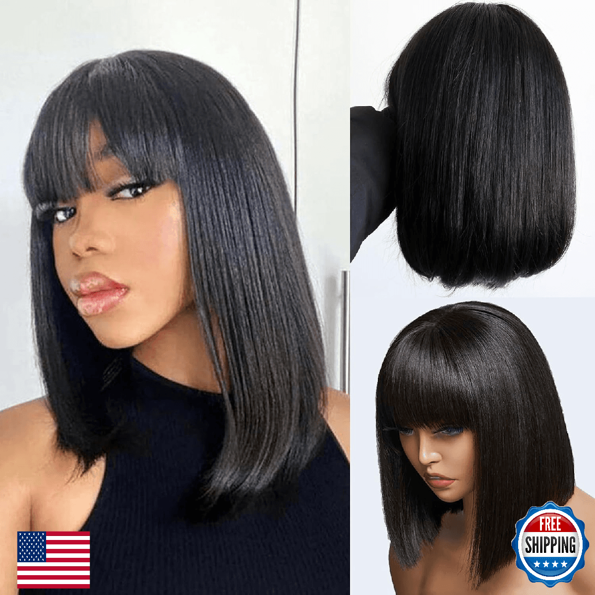 Msviki Short Straight Bob Human Hair Wigs For Women Black Colored Full Machine M - Image 1