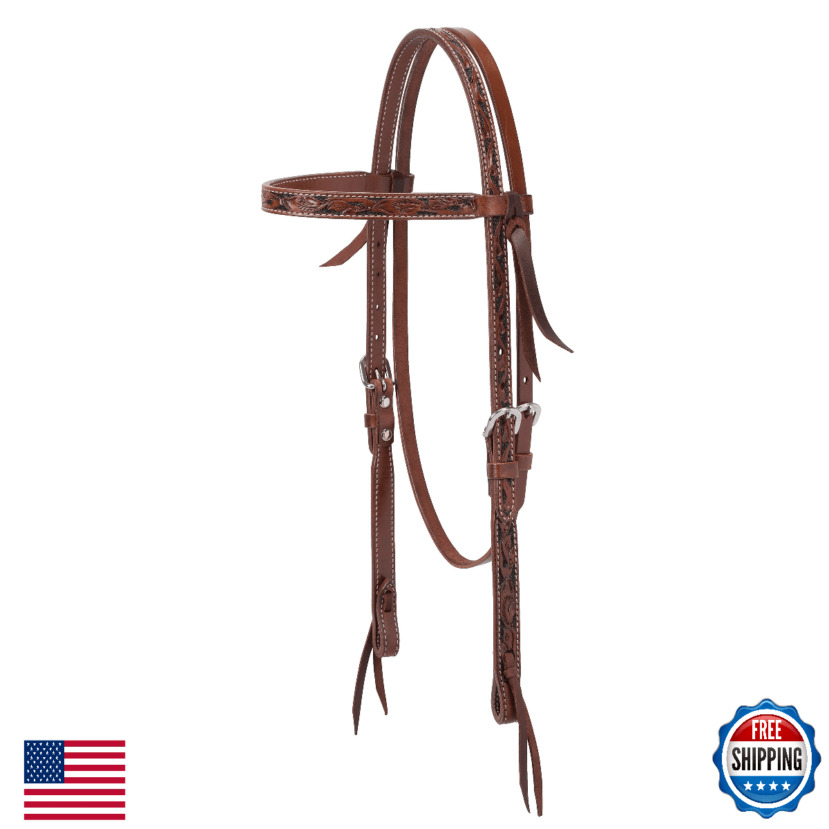 Turquoise Cross Floral Carved Brow Band Headstall - Chestnut Leather - Image 1