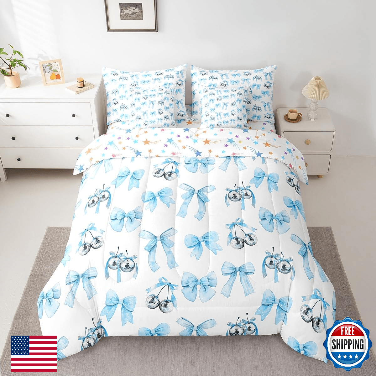 Feelyou Blue Bowknot Comforter Set 7 Pieces Dreamy Princess Style Bedding Set Tw - Image 1