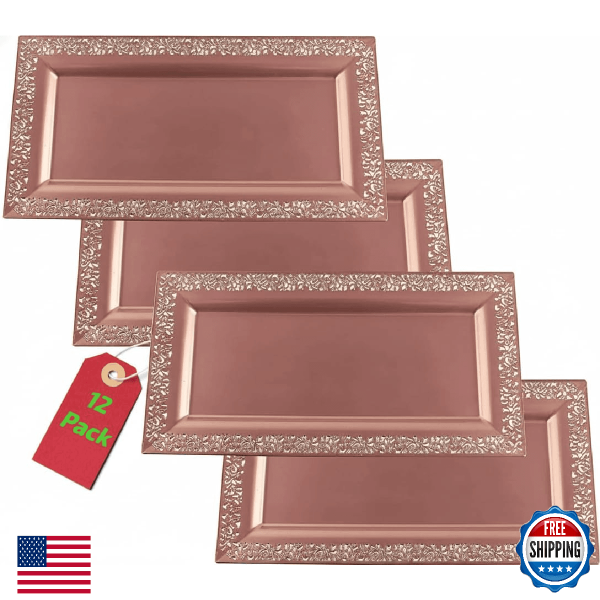Yumchikel 14x7.5 Rose Gold Lace Rim Plastic Serving Trays 12-Pack Party - Image 1