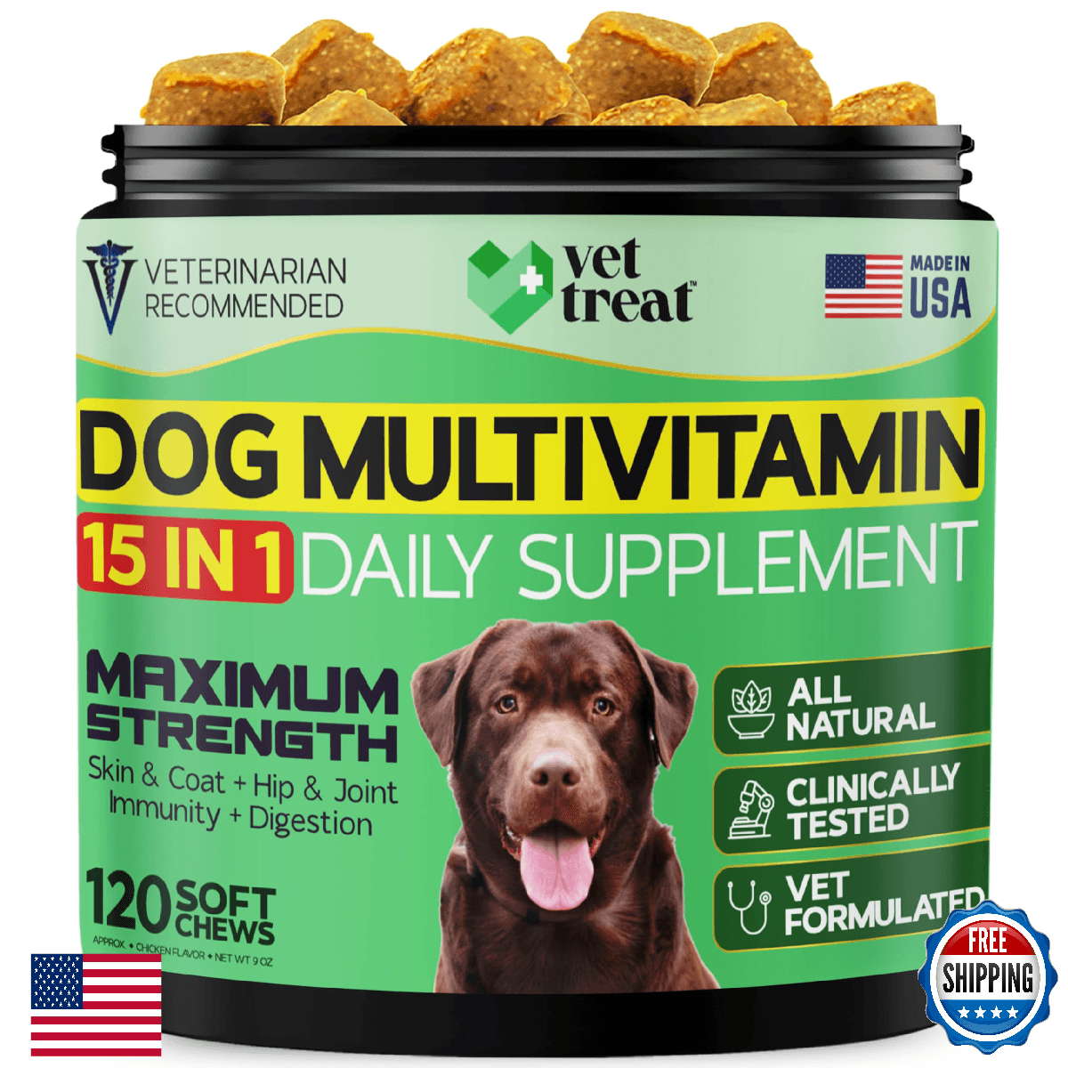 VET TREAT Dog Multivitamin Chews w/ Glucosamine, Salmon Oil – 15-in-1, USA Made - Image 1