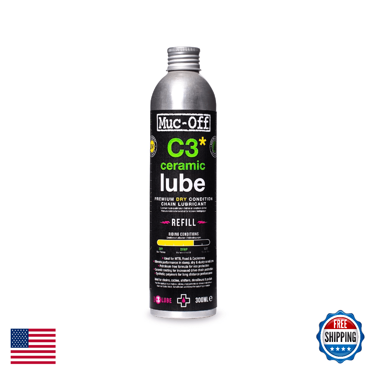 Muc-Off C3 Dry Ceramic Chain Lube 10oz Refill - Bike Lubricant for Dry/Damp - Image 1