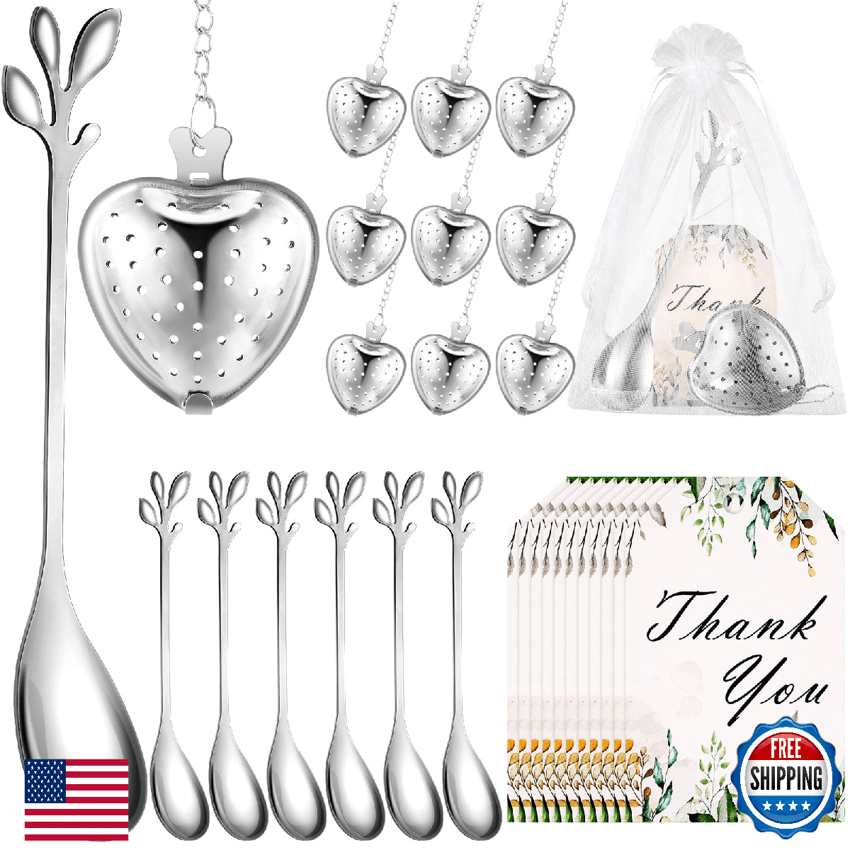 Yiyiring 25 Sets Bridal Shower Tea Party Favor for Guest Leaf Tea Spoon Heart Sh - Image 1