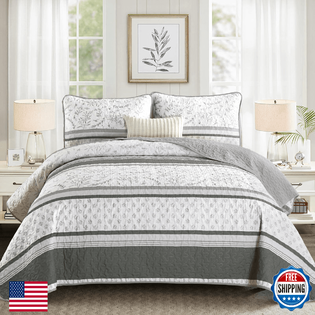 DJY Striped Quilt Set King Size, Grey Boho Striped Patchwork Leaves Printed Beds - Image 1