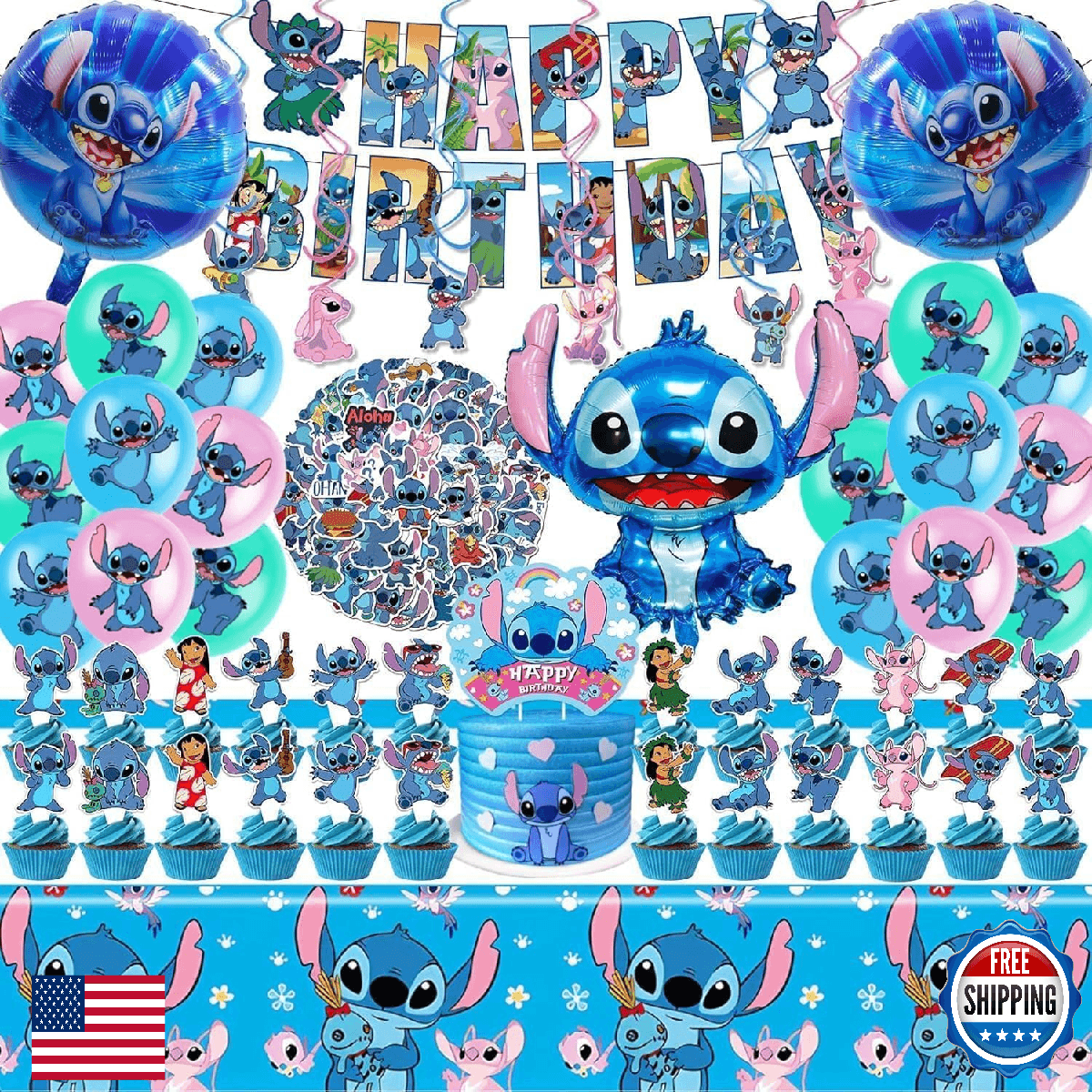 Stitch Party Supplies 102 PCS Birthday Decorations Set Banner Balloons Stickers - Image 1