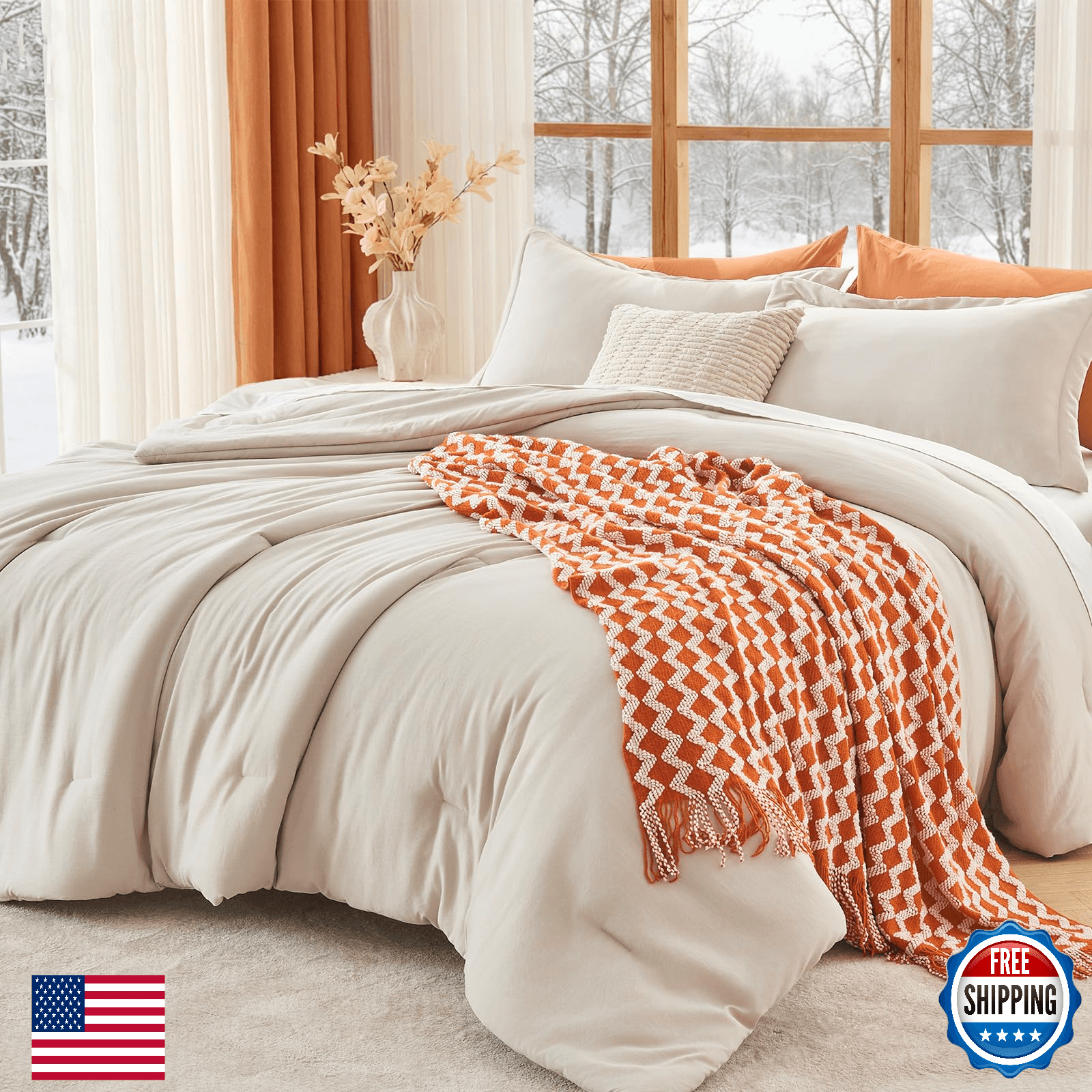 MUXHOMO Beige King Size Comforter Set All Season Ultra Soft Down Alternative Bed - Image 1
