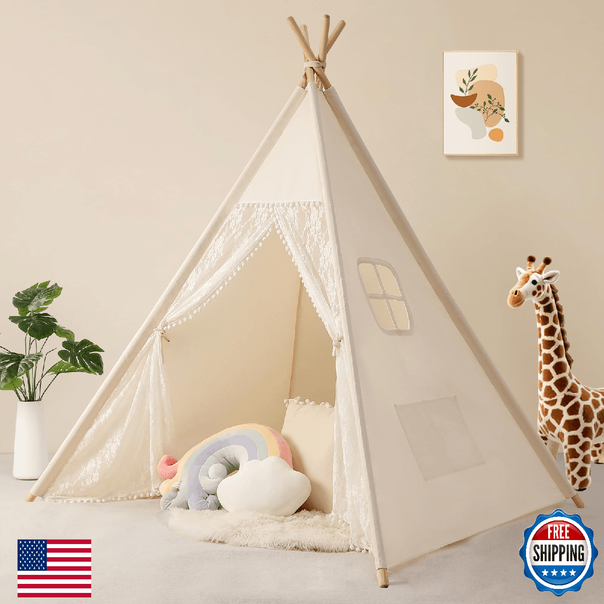 Sumerice Kids Tent for Girls Indoor, Teepee Tent for Kids with Lights, Foldable - Image 1