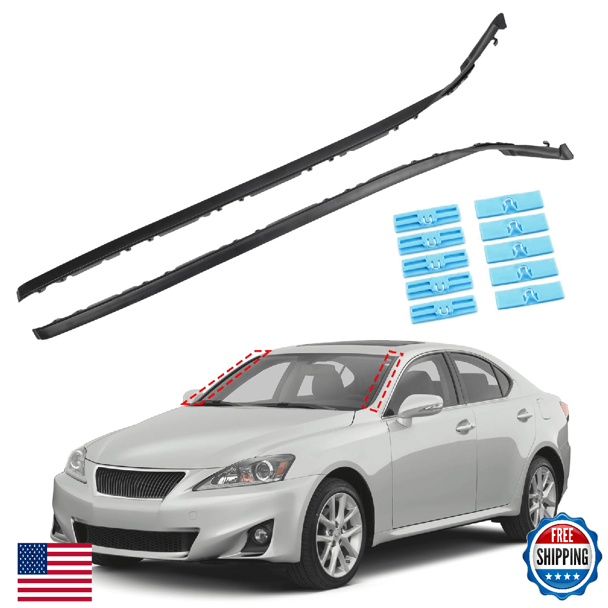 Driver and Passenger Side Windshield Moulding Kit Compatible with 2006-2013 Lexu - Image 1