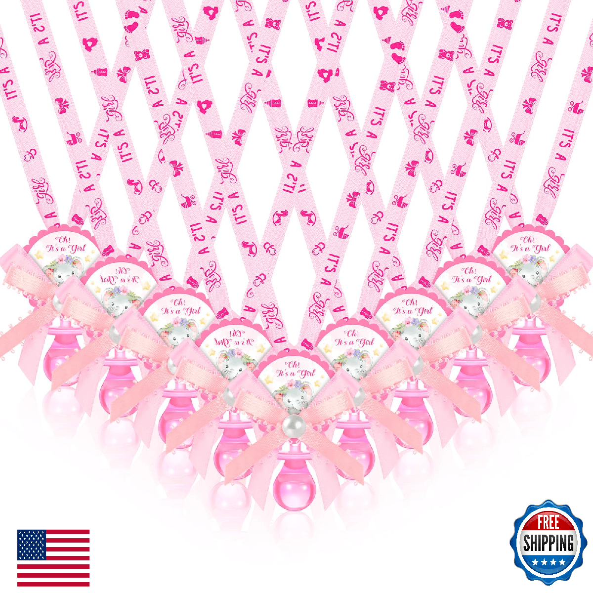 Remuuly 60 Pink Elephant Acrylic Pacifier Necklaces Baby Shower Party Favors - Image 1