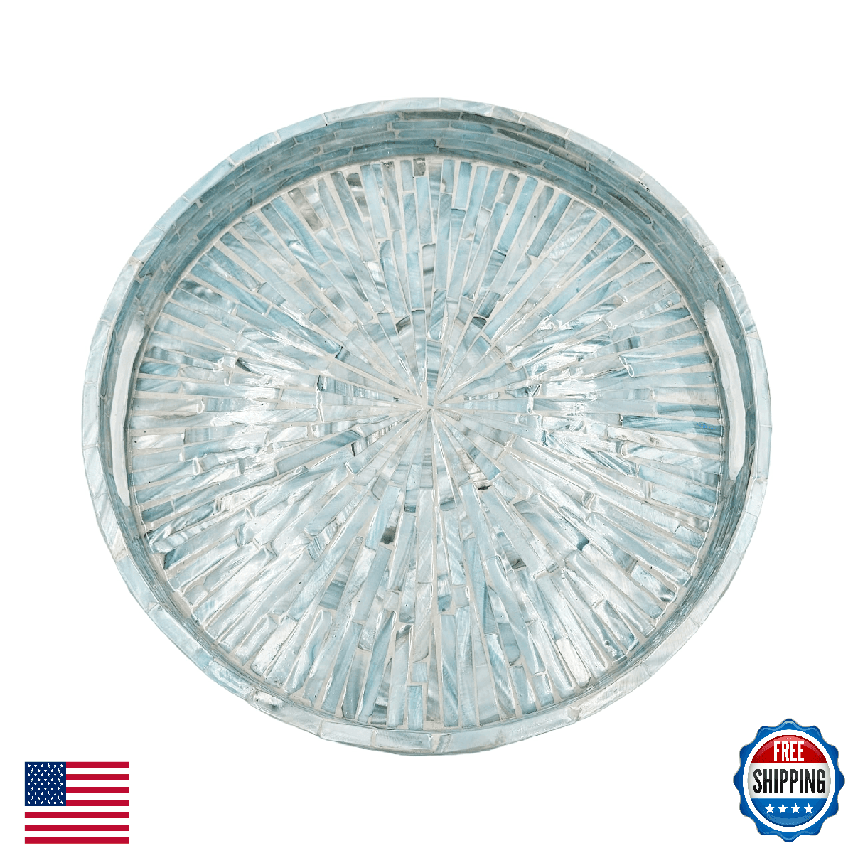 PEMAR 12.6” Mother of Pearl Round Serving Tray with Handles, Decorative Nacred W - Image 1