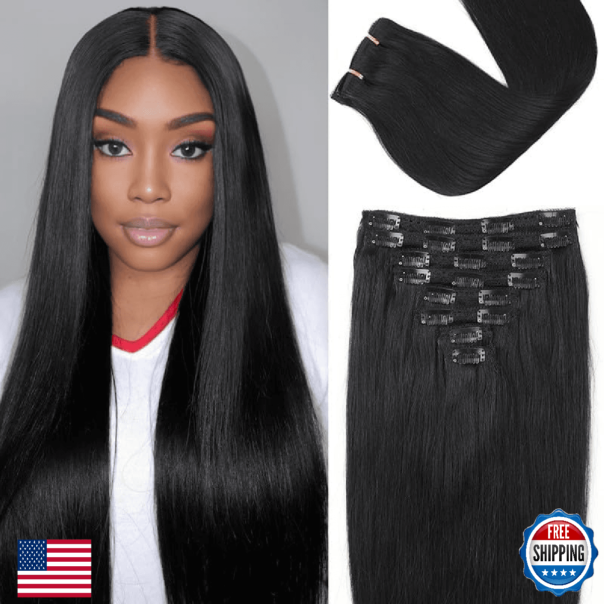 ShowJarlly Clip in Hair Extensions Real Human Hair 16 Inch Straight Clip Ins 8 P - Image 1