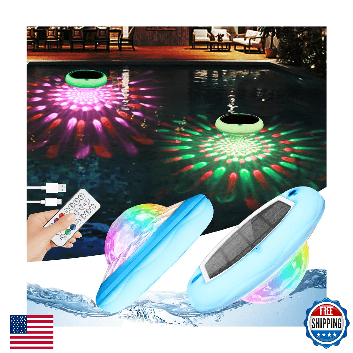 Solar Powered and USB Rechargeable Floating Pool Lights, 6.69 Inch IP68 Waterpro - Image 1