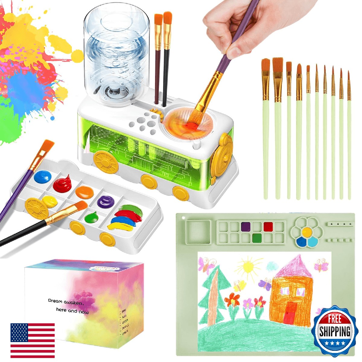 Velachuan Paint Brush Cleaning Kit for Kids with 5 Brushes, Art Smock, Washable - Image 1