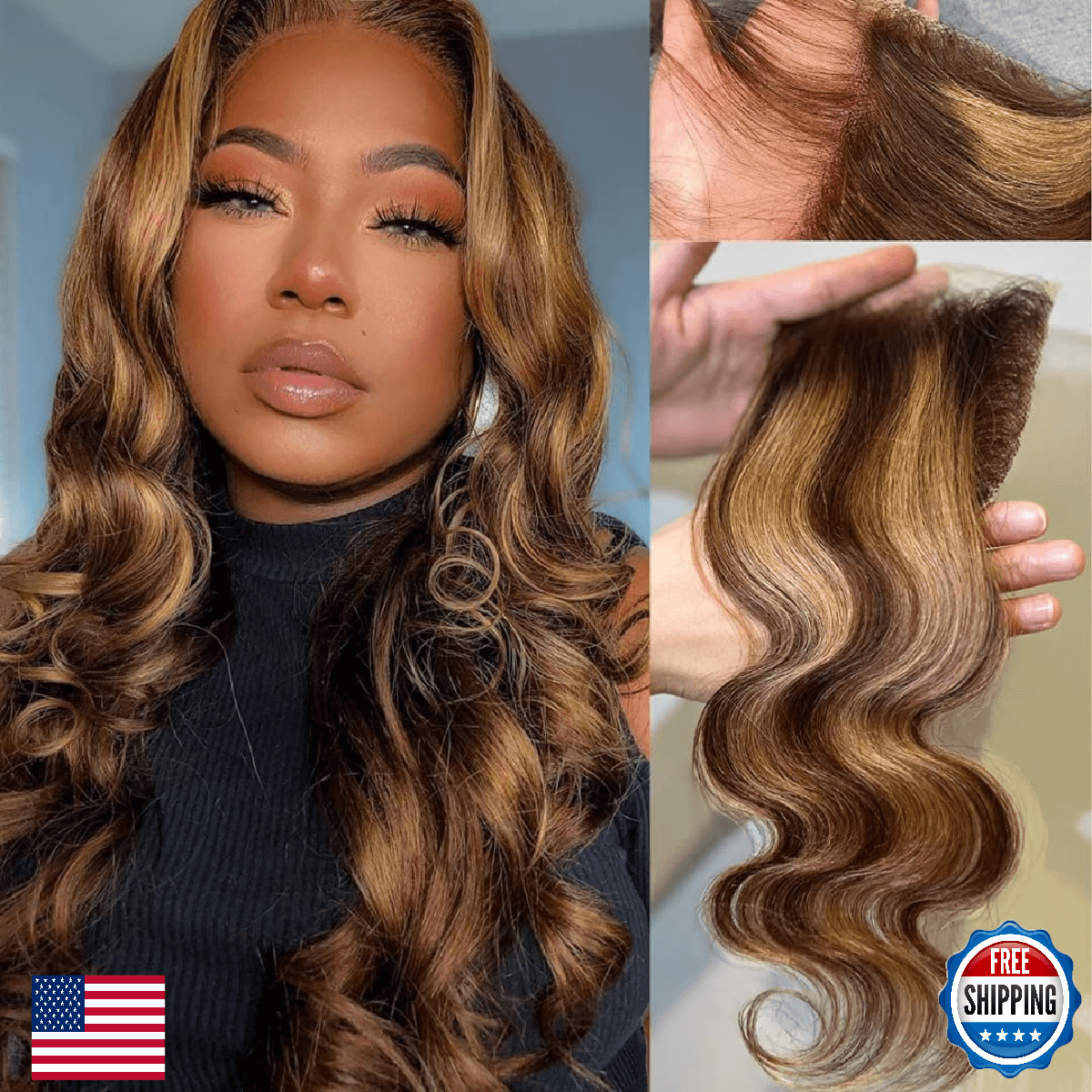 ALHER 4x4 Lace Closure Body Wave Honey Blonde Highlight Brown Ombre 4/27 Colored - Image 1