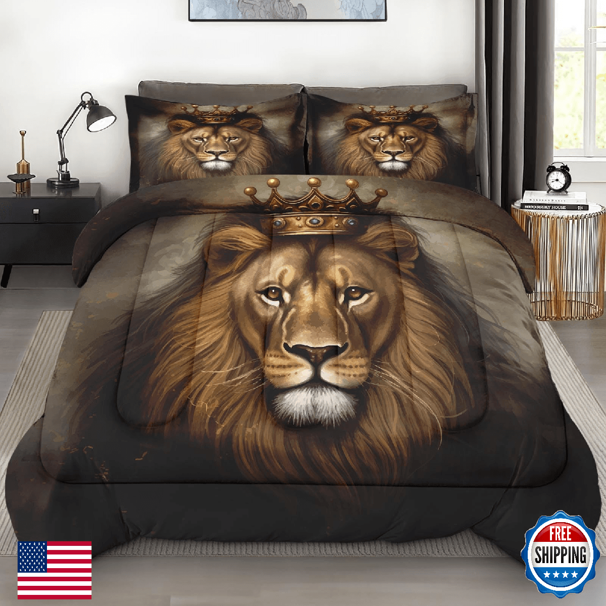 Pamnest King Lion Golden Comforter Set Queen Size 3 Pcs Soft Bedding for Kids - Image 1