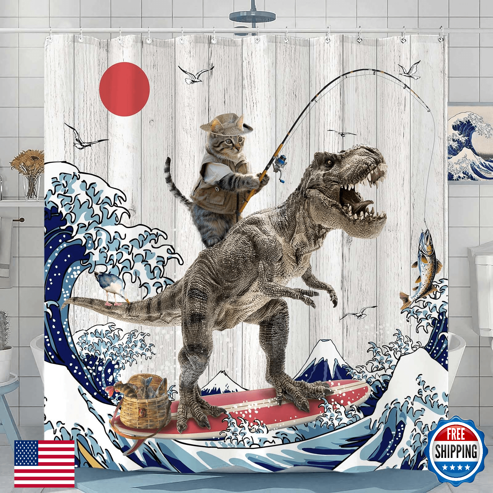 Fowocu 84 Inch Extra Long Funny Cat Dinosaur Shower Curtain Fun Kitten Fishing J - Image 1