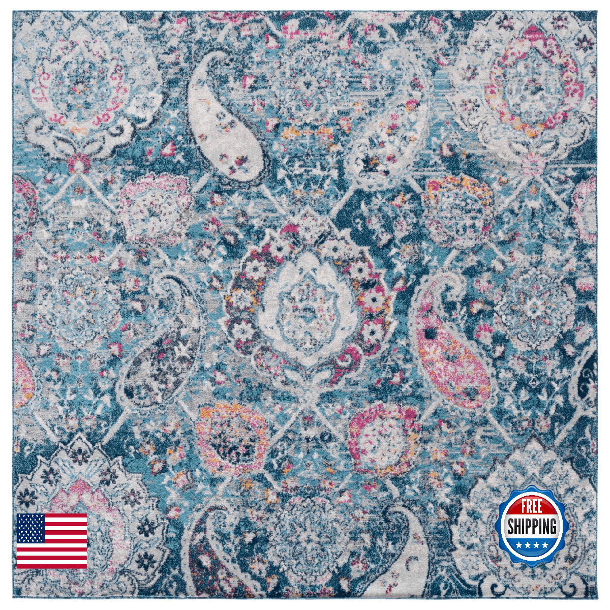 SAFAVIEH Madison Collection Accent Rug - 4' Square, Blue & Grey, Non-Shedding & - Image 1