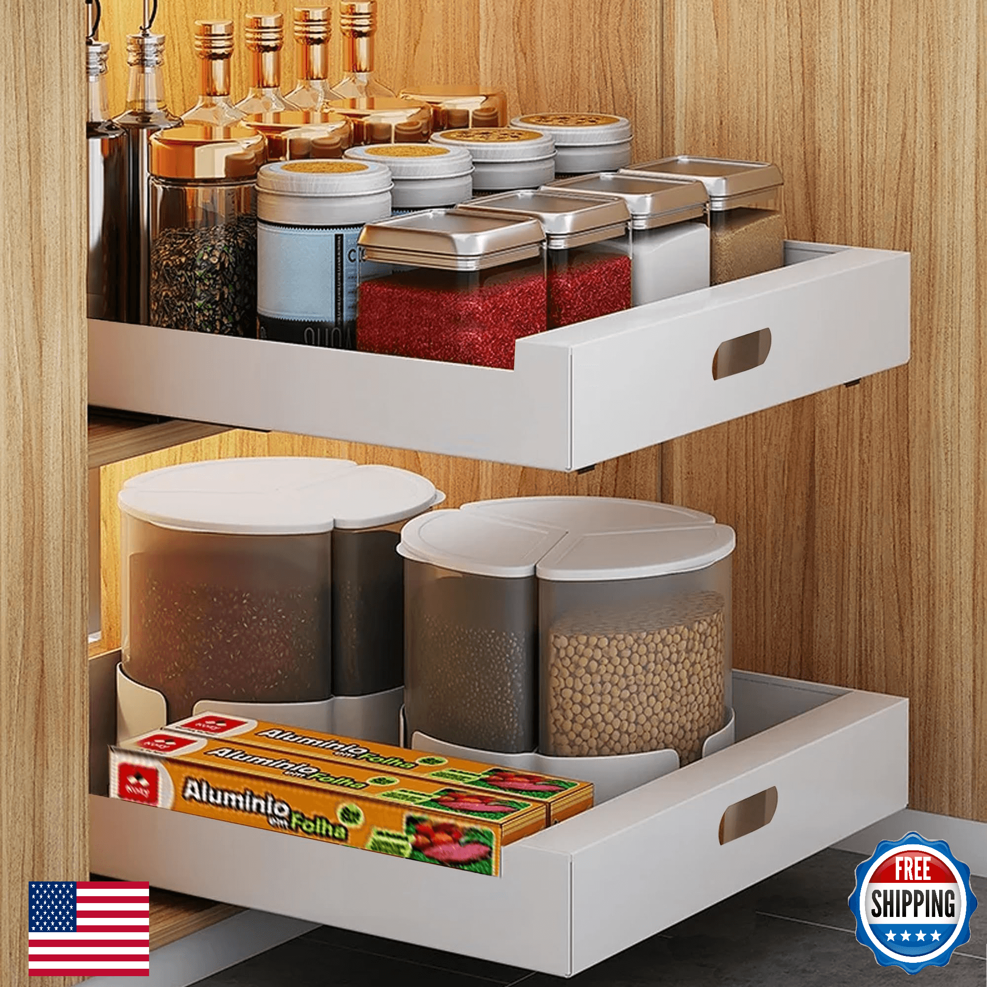 2 Pack Heavy Duty Pull Out Cabinet Organizer Pantry Shelf 12x17 inches Adhesive - Image 1